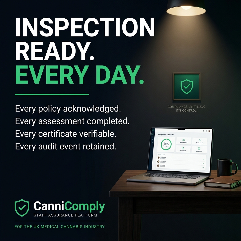 CanniComply poster: Inspection ready. Every day. Every policy acknowledged. Every assessment completed. Every certificate verifiable. Every audit event retained.